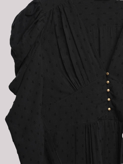 V-Neckline Black Dobby Maxi Dress