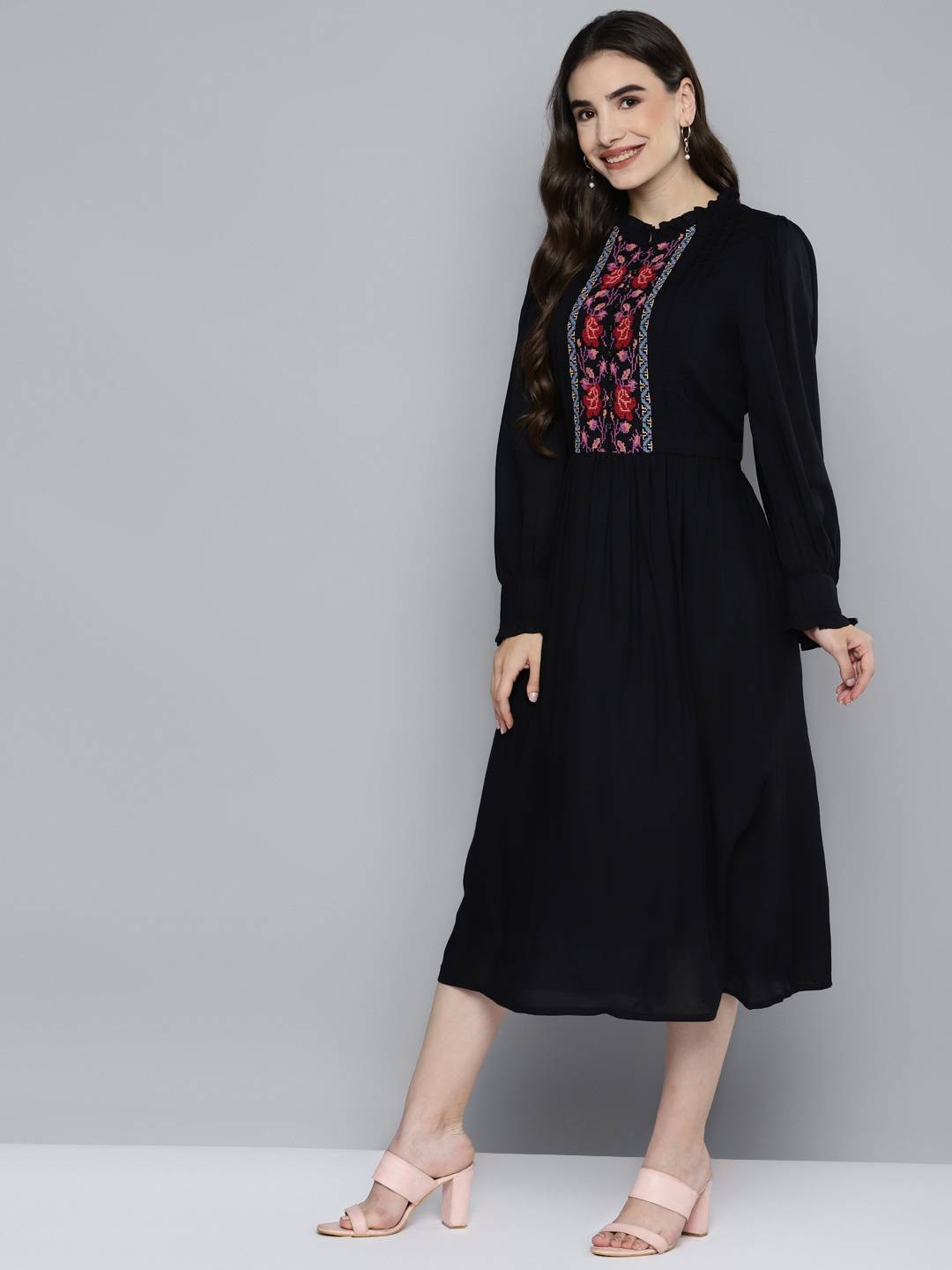 Black Front Yoke Cross-stitch Embroidered Dress