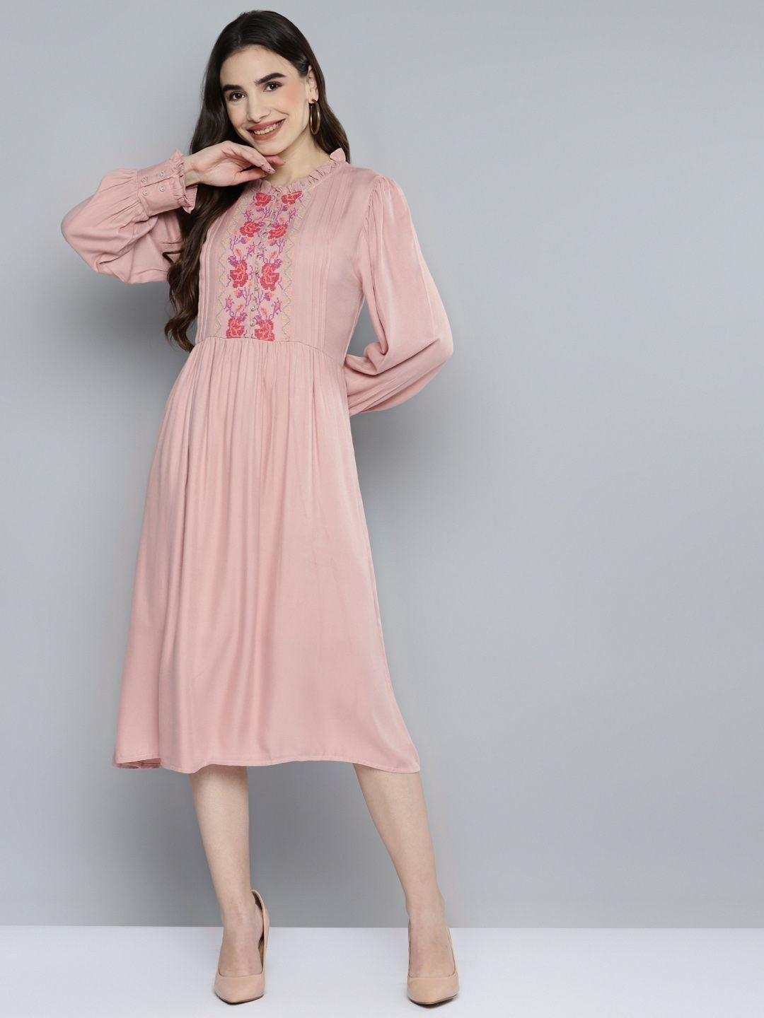 Pink Front Yoke Cross-stitch Embroidered Rayon Dress