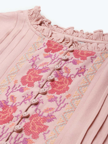 Pink Front Yoke Cross-stitch Embroidered Rayon Dress