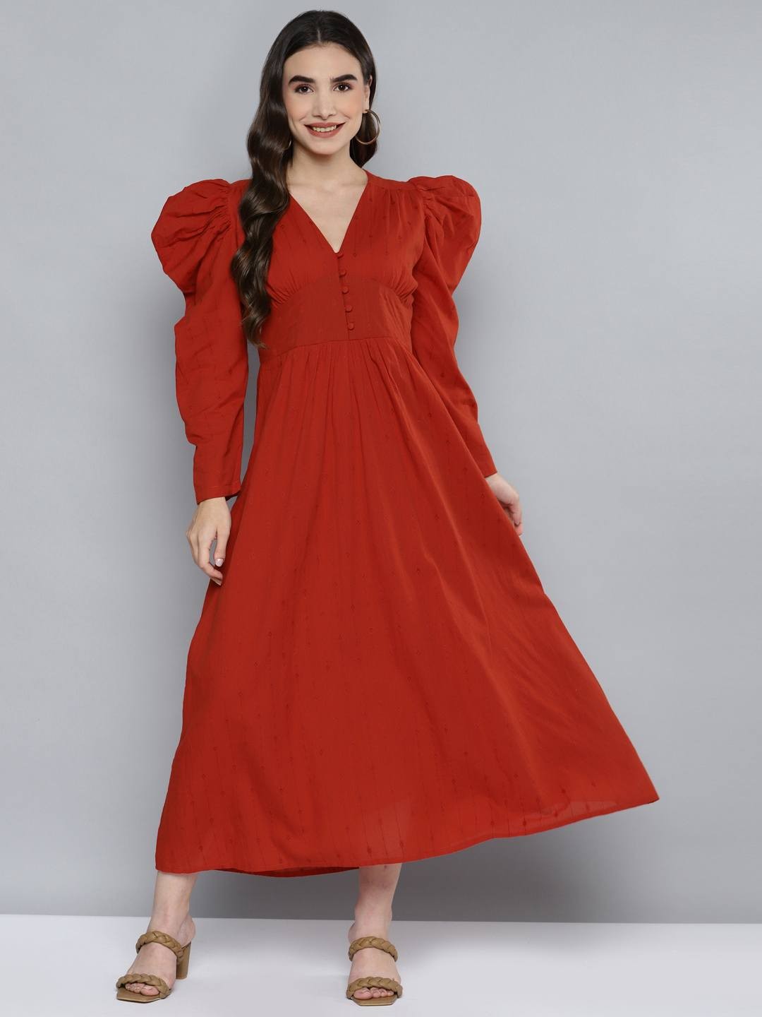 Red V-Neck Dobby Maxi Dress