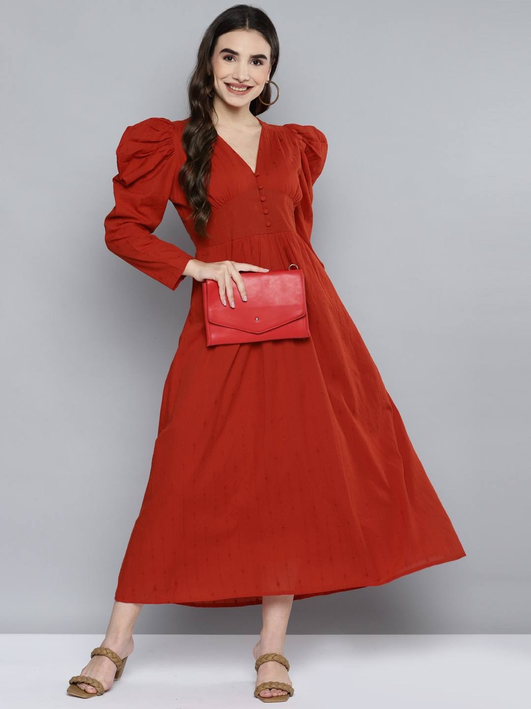 Red V-Neck Dobby Maxi Dress