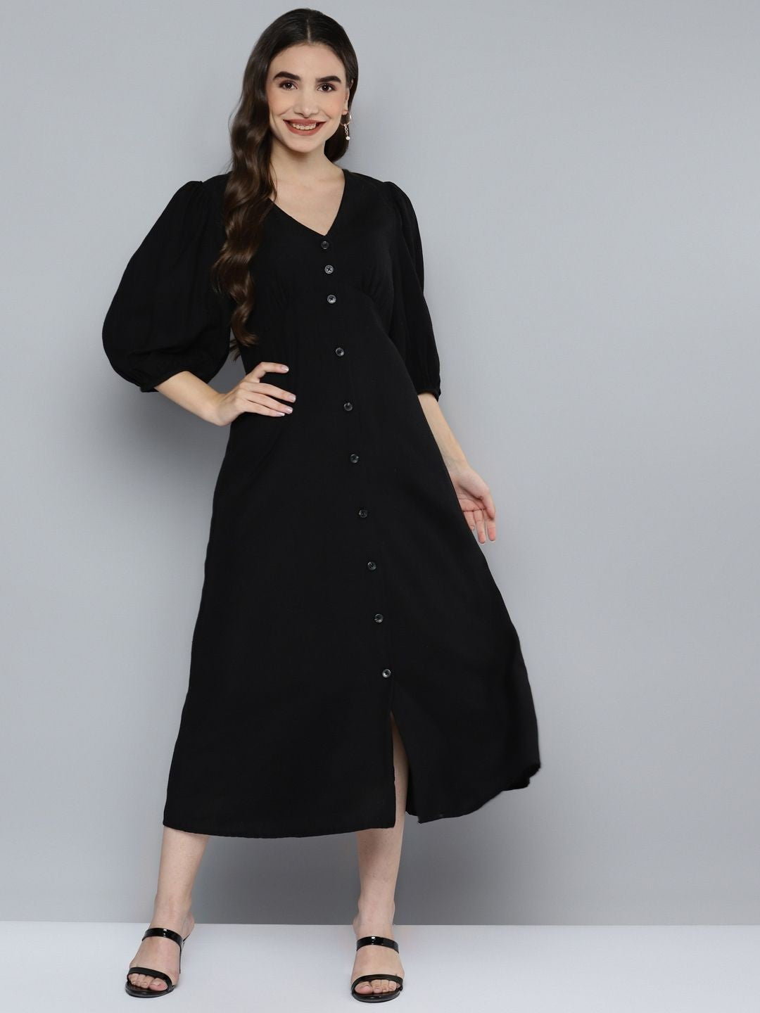 Black V-Neck Viscose Linen Dress