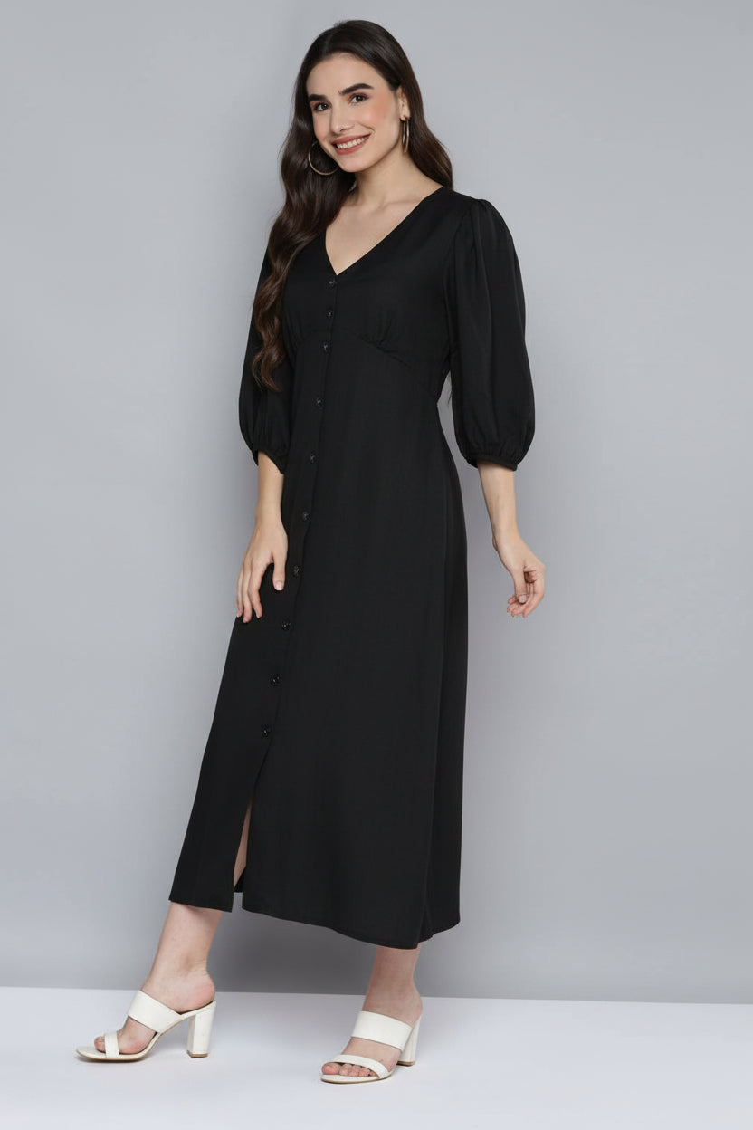 Scoup Women's black-v-neck-viscose-linen-dress