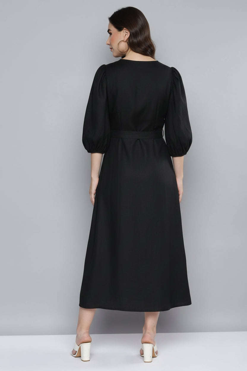 Scoup Women's black-v-neck-viscose-linen-dress