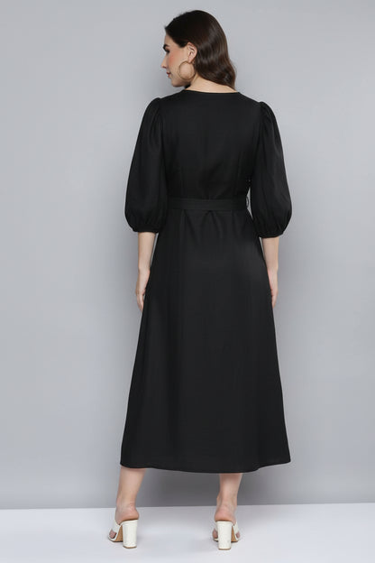 Scoup Women's black-v-neck-viscose-linen-dress