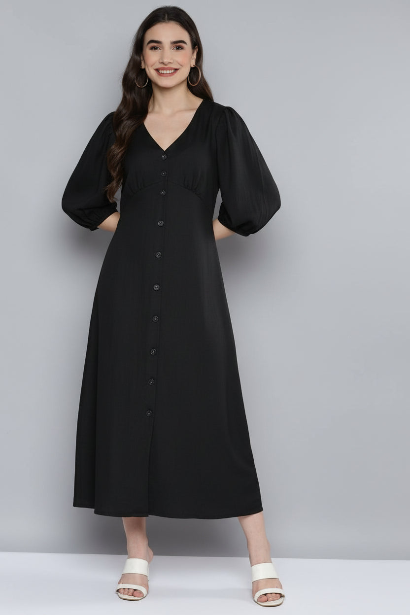 Scoup Women's black-v-neck-viscose-linen-dress