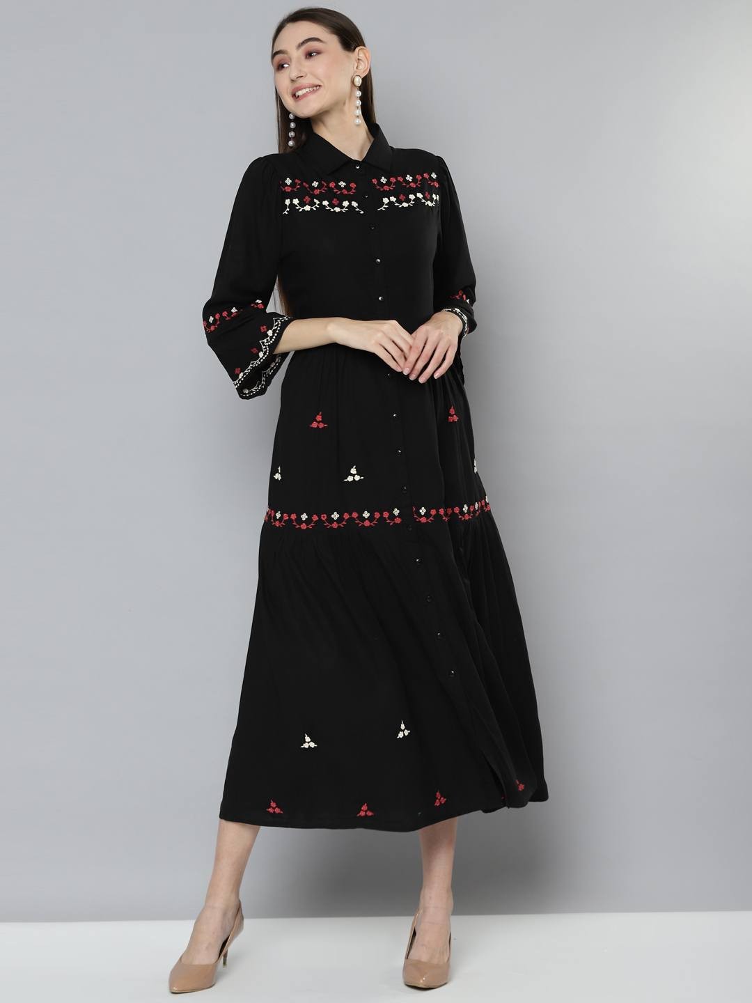 Black Embroidered Rayon Long  Dress