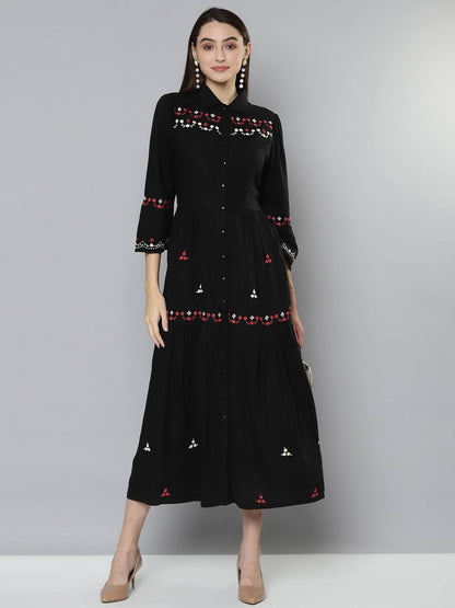 Black Embroidered Rayon Long  Dress