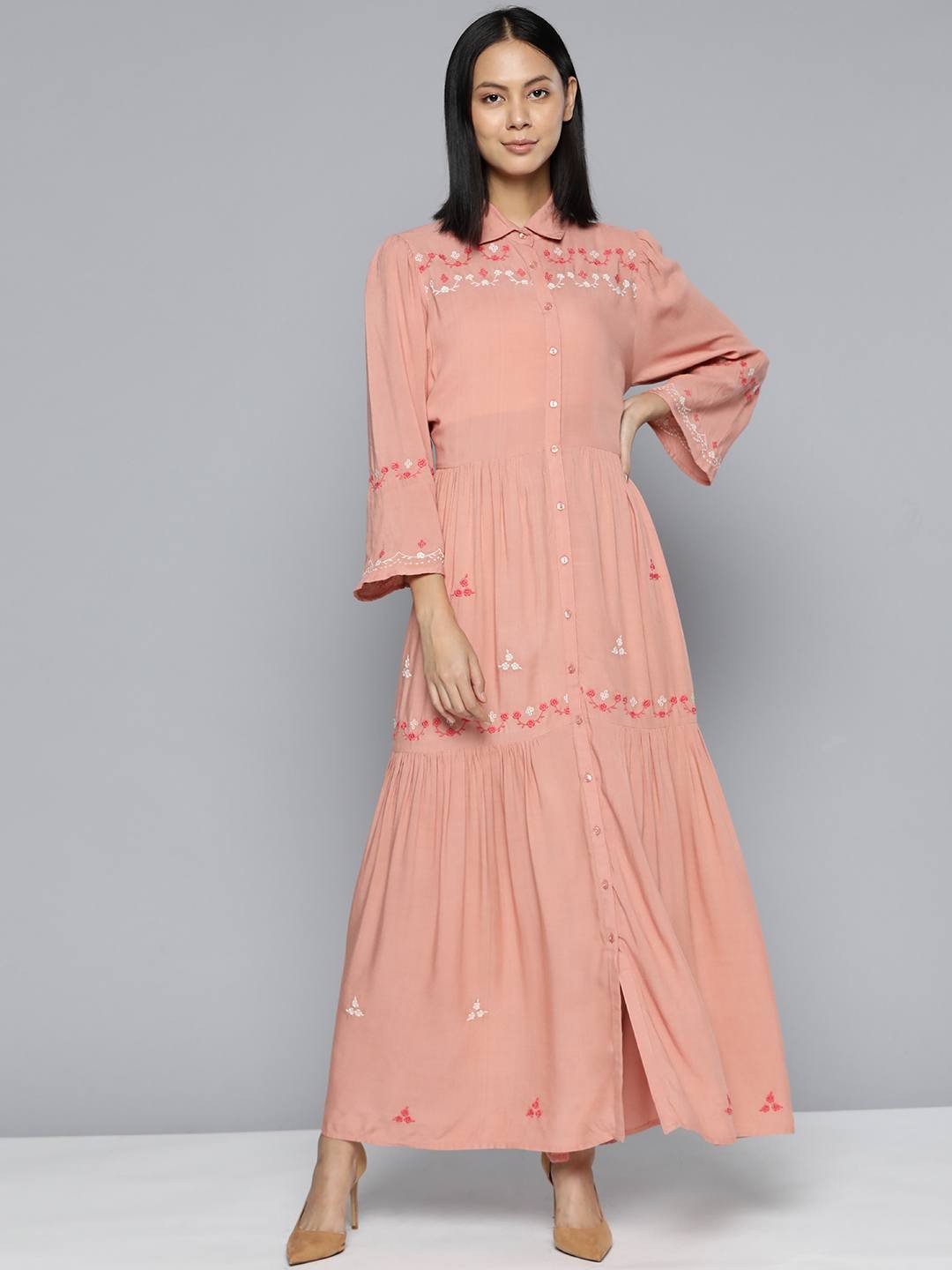 Peach Embroidered Rayon Maxi Dress