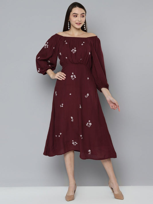 Maroon Embroidered A-Line Dress