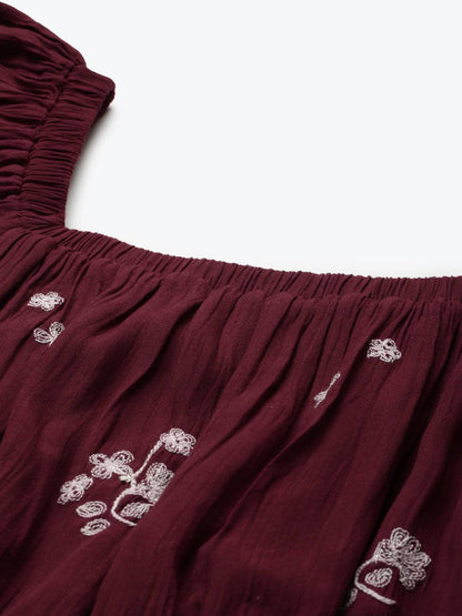 Maroon Embroidered A-Line Dress