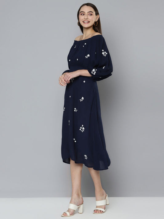 Navy Blue Embroidered A-Line  Dress