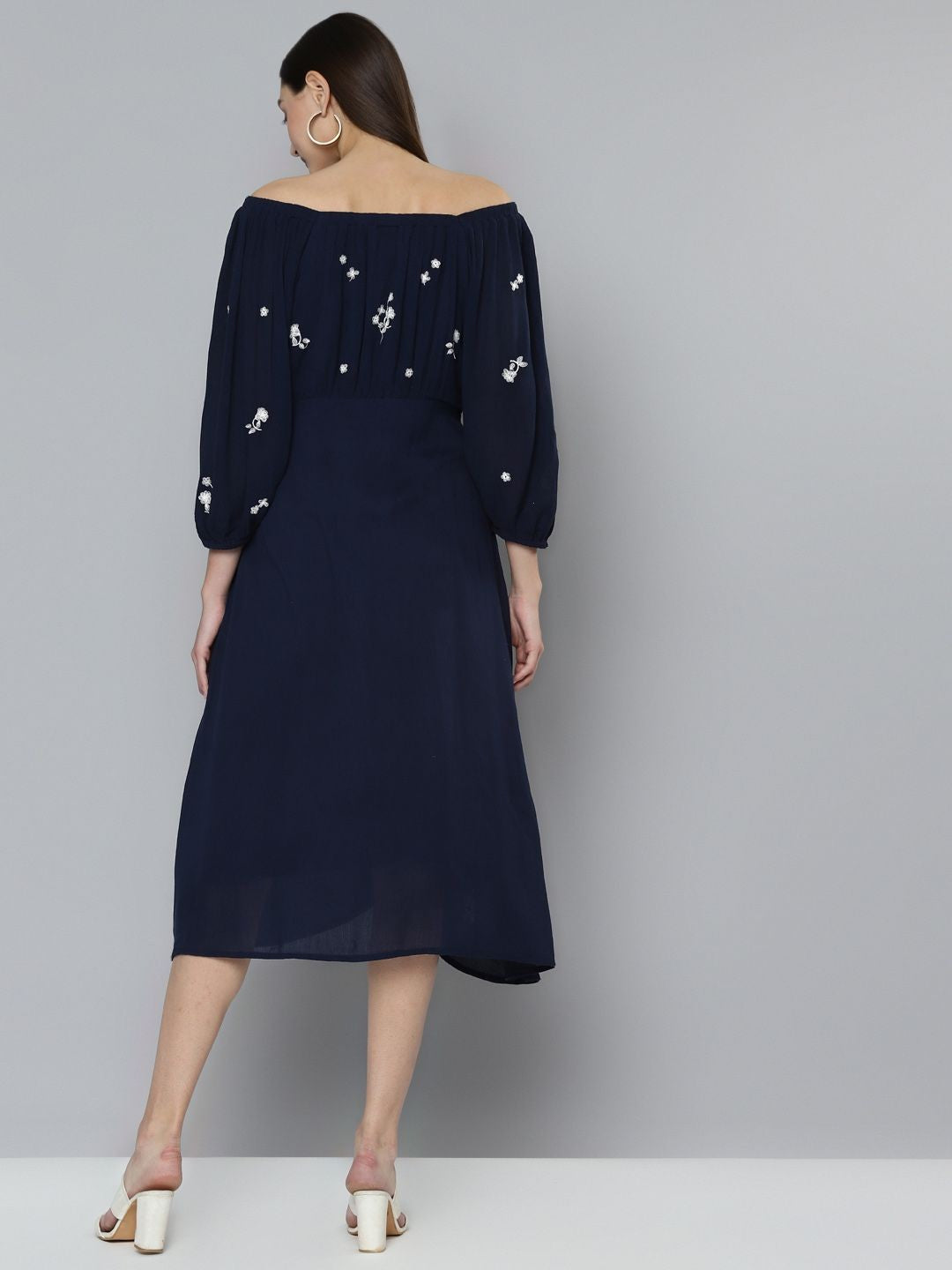 Navy Embroidered A-Line  Dress