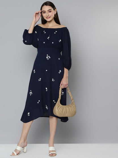 Navy Embroidered A-Line  Dress