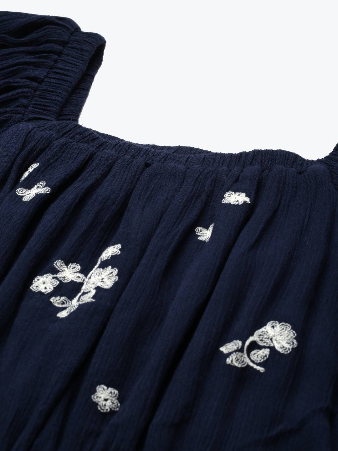 Navy Blue Embroidered A-Line  Dress