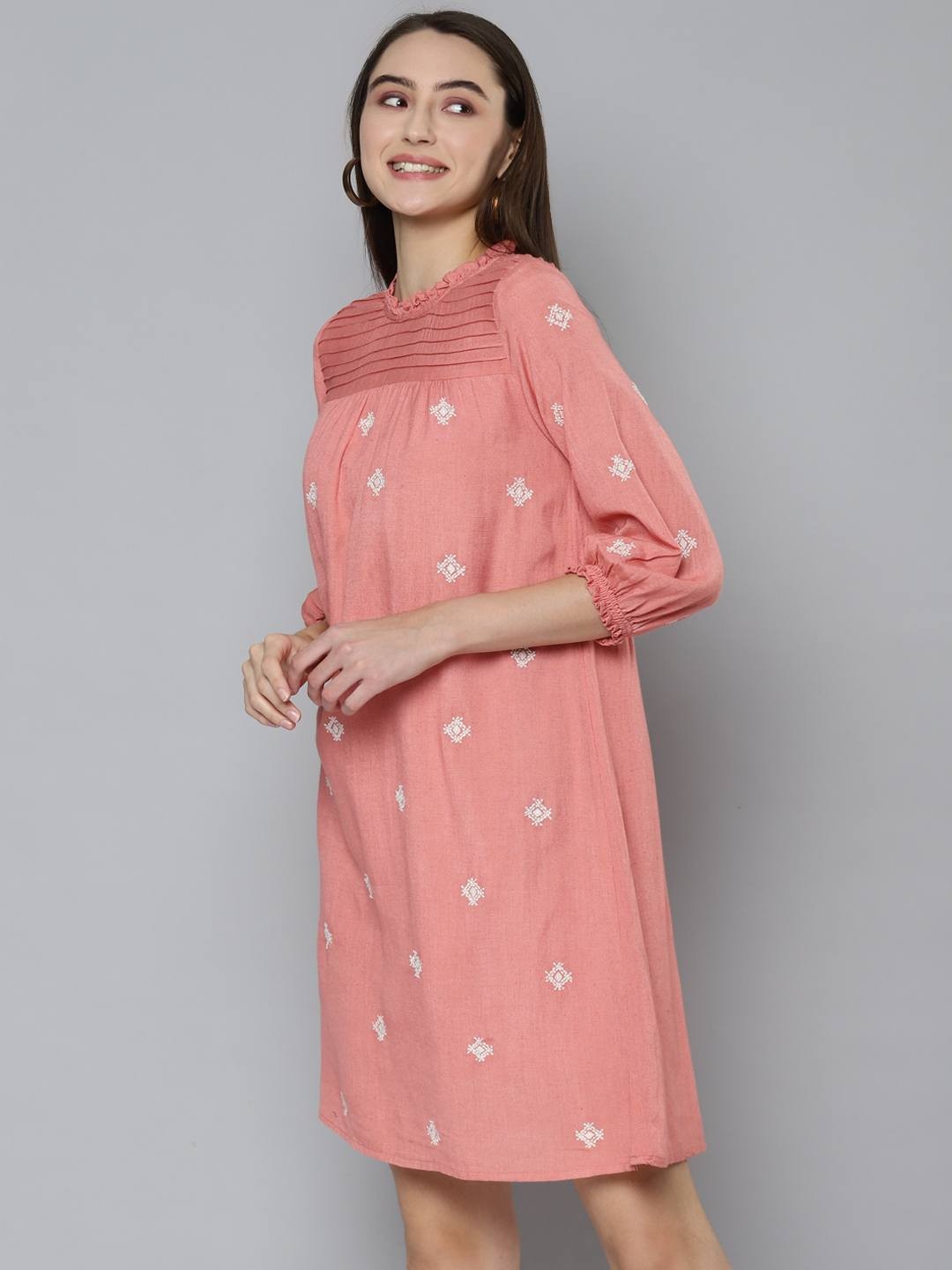 Peach Embroidered Knee length Dress