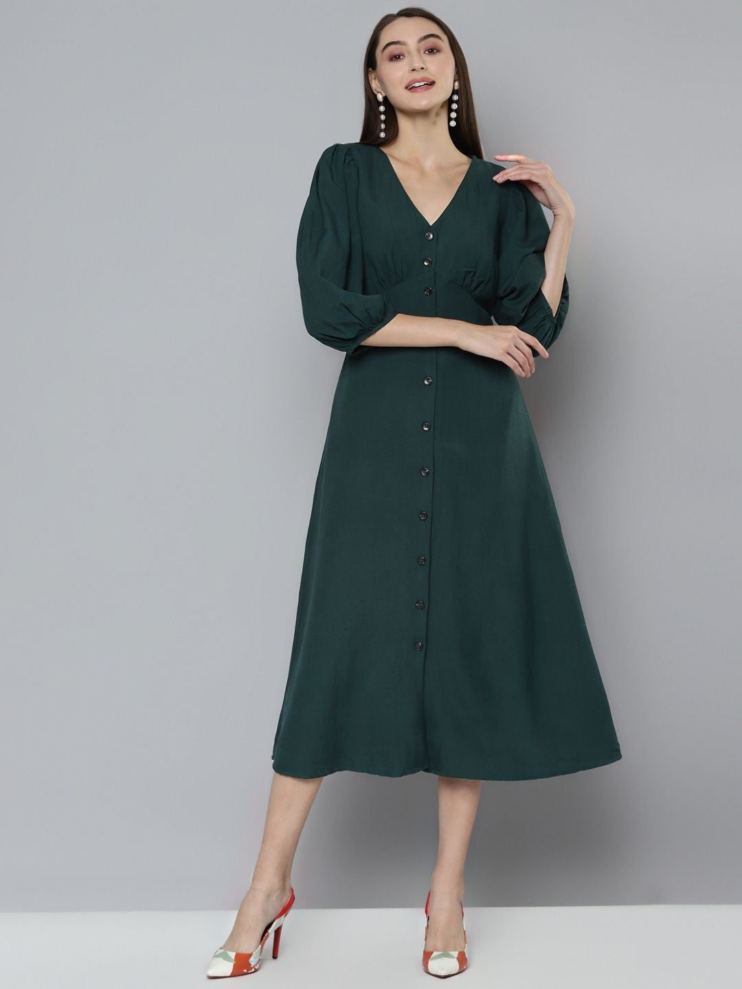 Green Front Buttoned Midi Dress