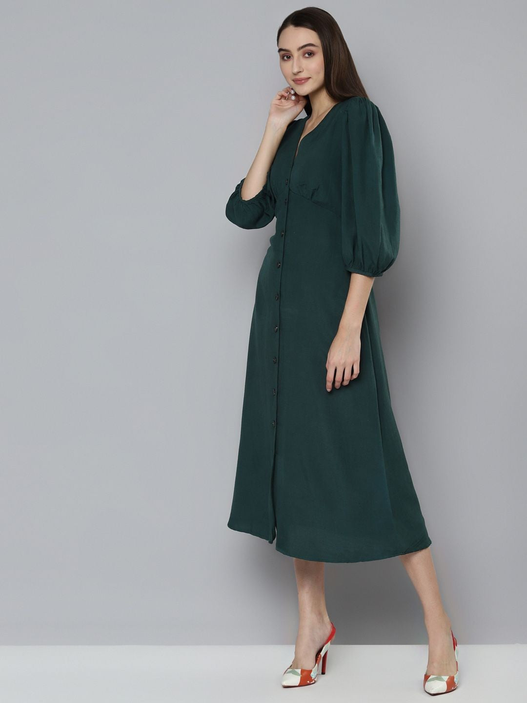 Green Front Buttoned Midi Dress