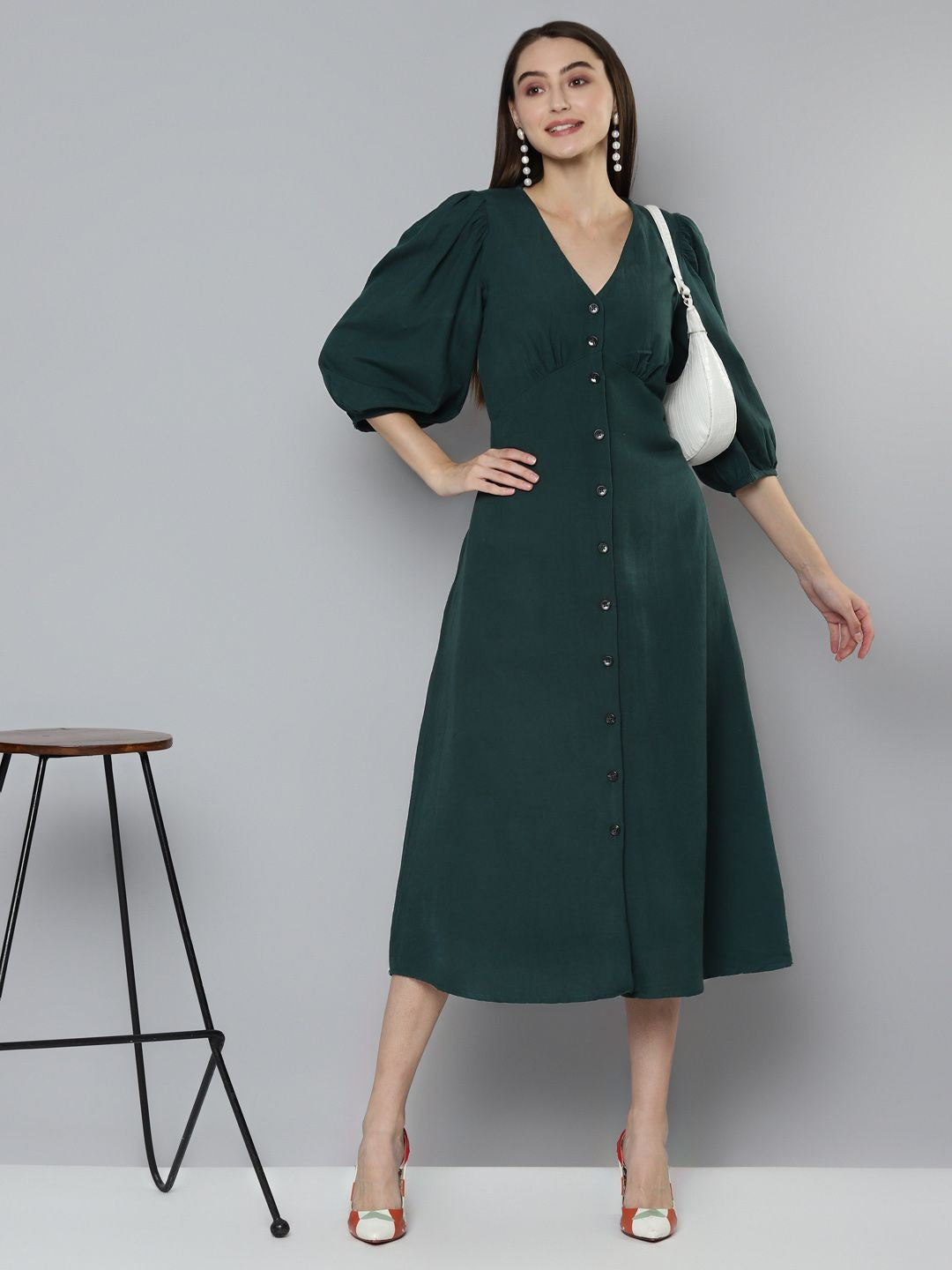 Green Front Buttoned Midi Dress