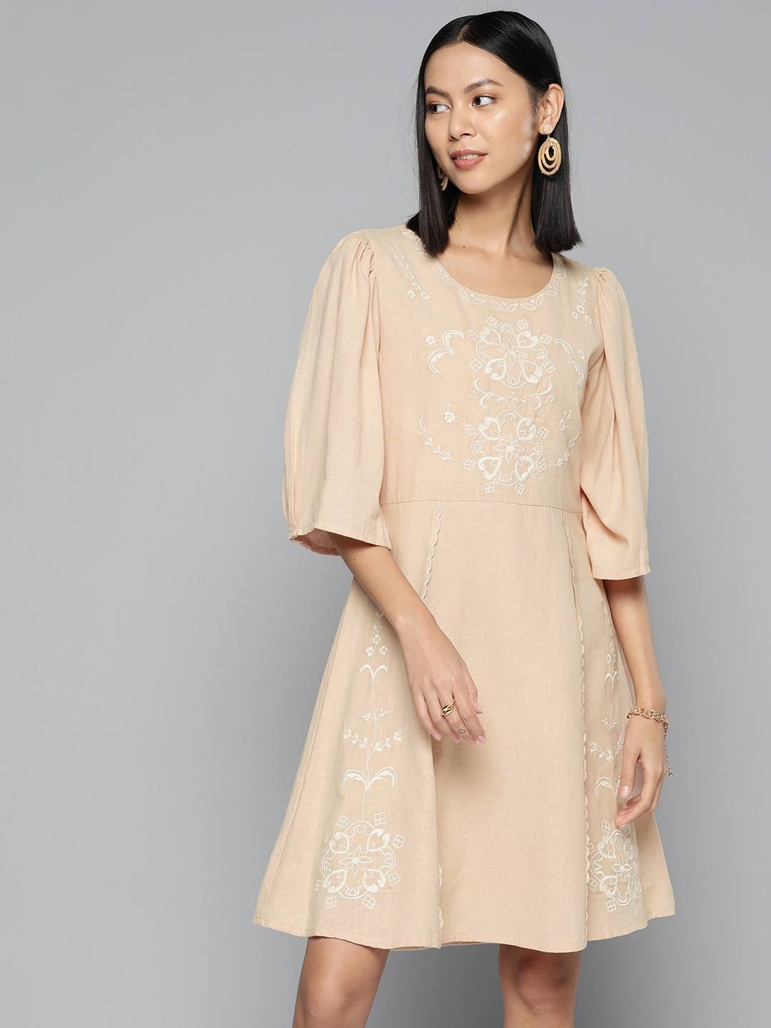 Beige Embroidered Cotton Linen Dress