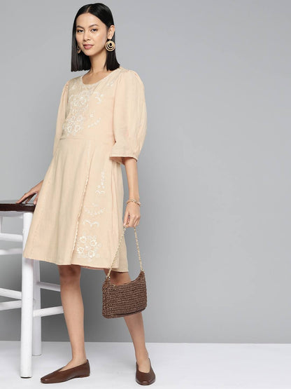 Beige Embroidered Cotton Linen Dress