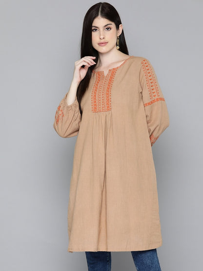 Brown embroidered knee length dress