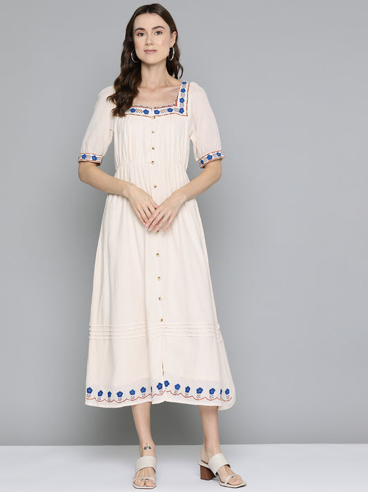 Cream Embroidered Midi Dress