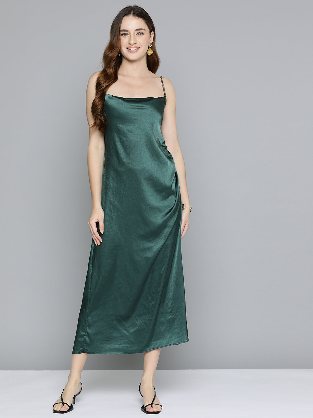 Green Cowl Neckline Satin Dress