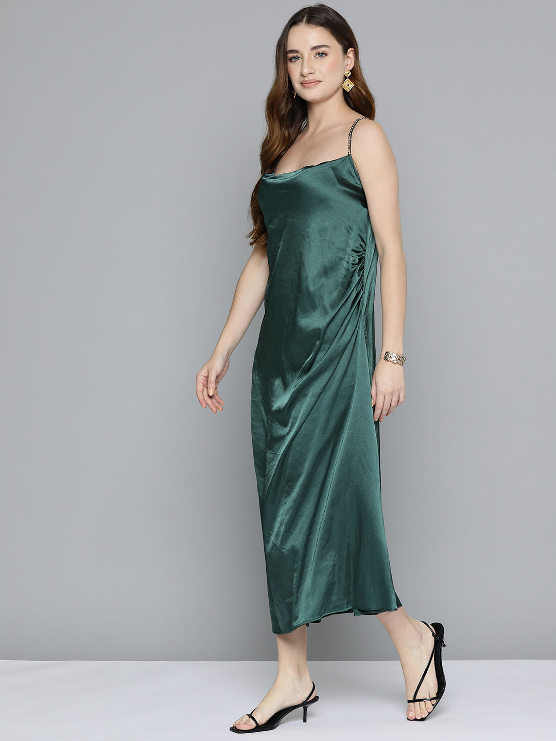 Green Cowl Neckline Satin Dress