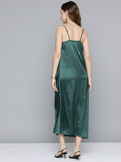 Green Cowl Neckline Satin Dress