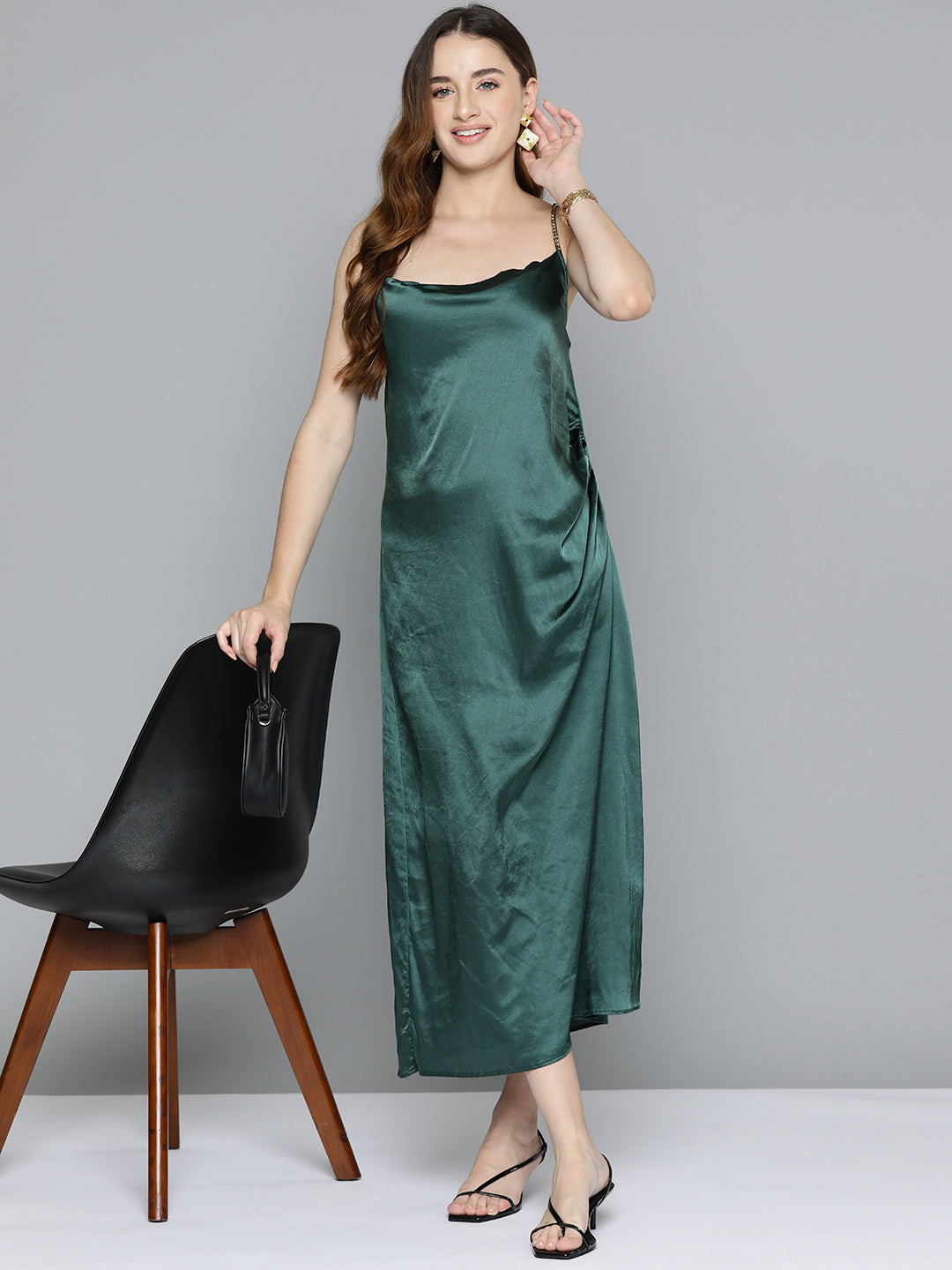 Green Cowl Neckline Satin Dress