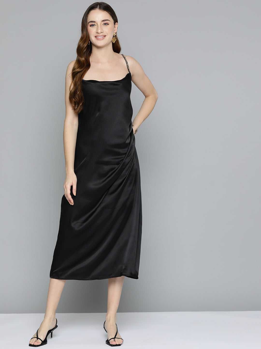 Black Cowl Neckline Satin Dress