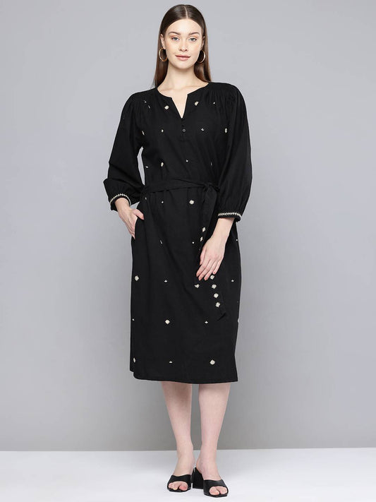 Floral Embroidered Bishop Sleeve Linen A-Line Midi Dress