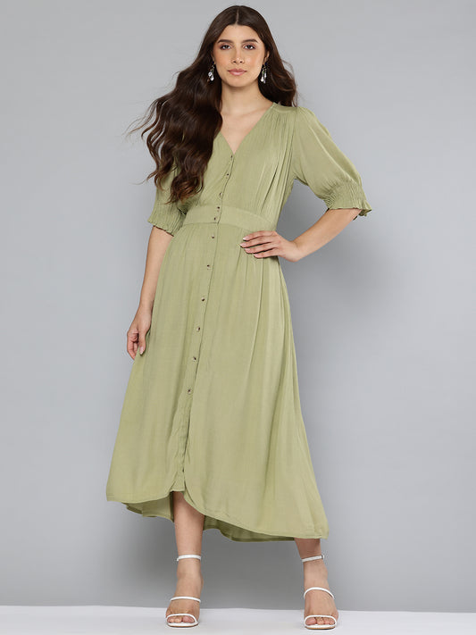Pintuck details green long dress
