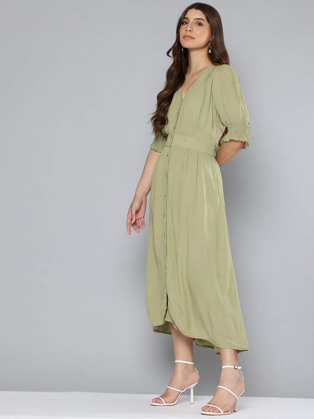Pintuck details green long dress