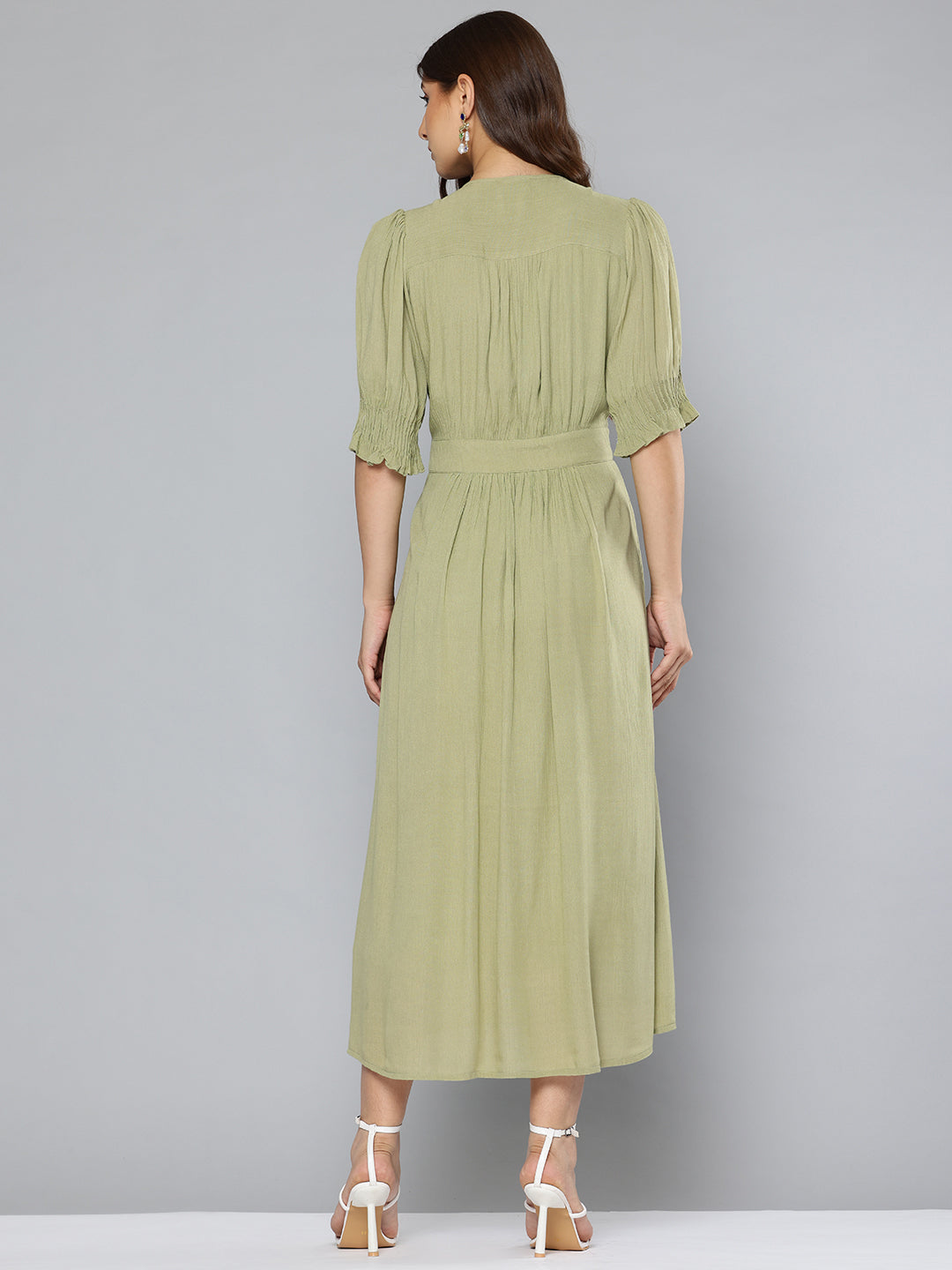 Pintuck details green long dress