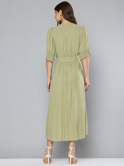 Pintuck details green long dress