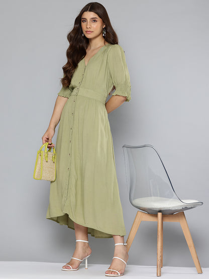 Pintuck details green long dress