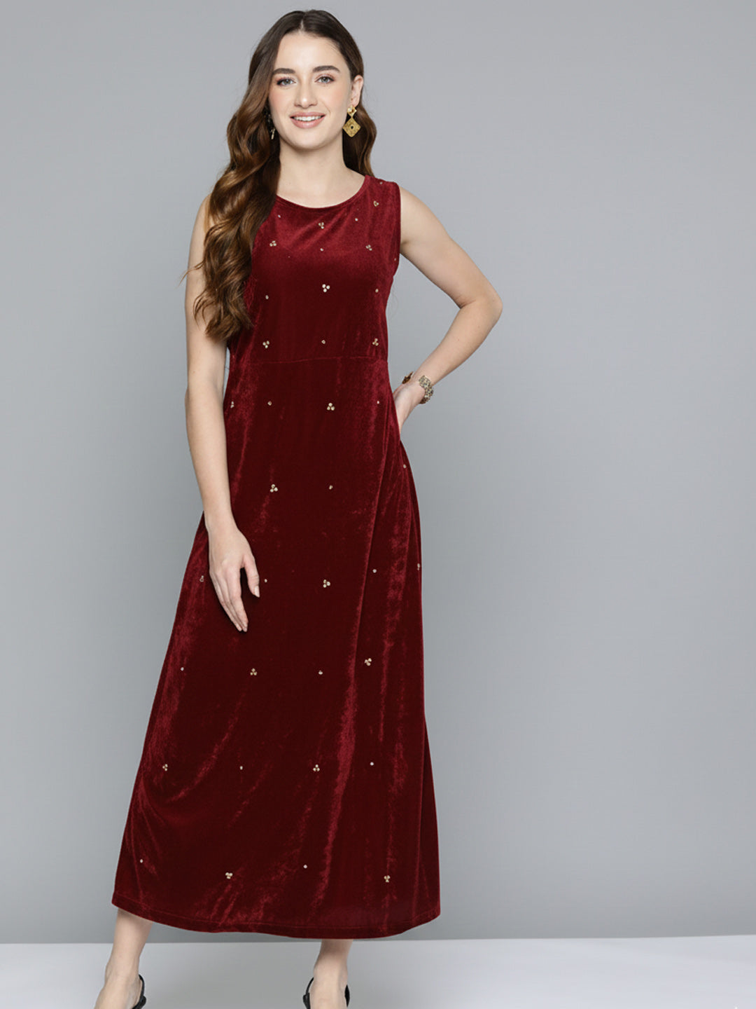 Dark Red Embellished Velvet Dress