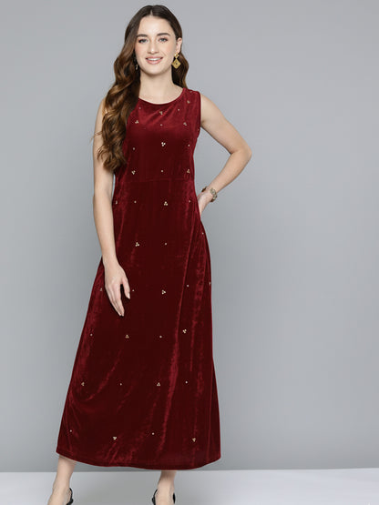 Dark Red Embellished Velvet Dress