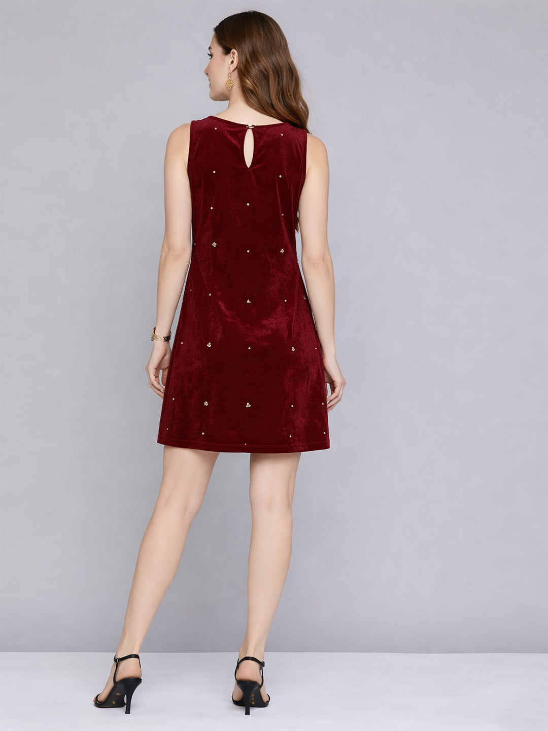 Dark Red Embellished Velvet Short Dress