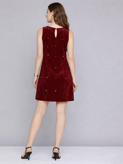 Dark Red Embellished Velvet Short Dress