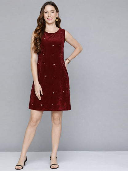 Dark Red Embellished Velvet Short Dress