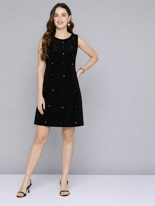 Black Embellished Velvet Short Dress