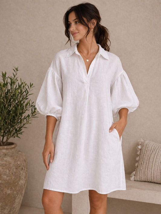 Linen Blend White Dress