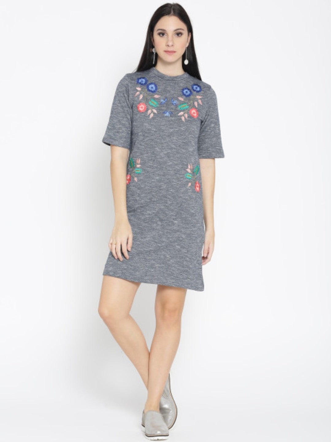 Women Grey Front Embroidered Dress