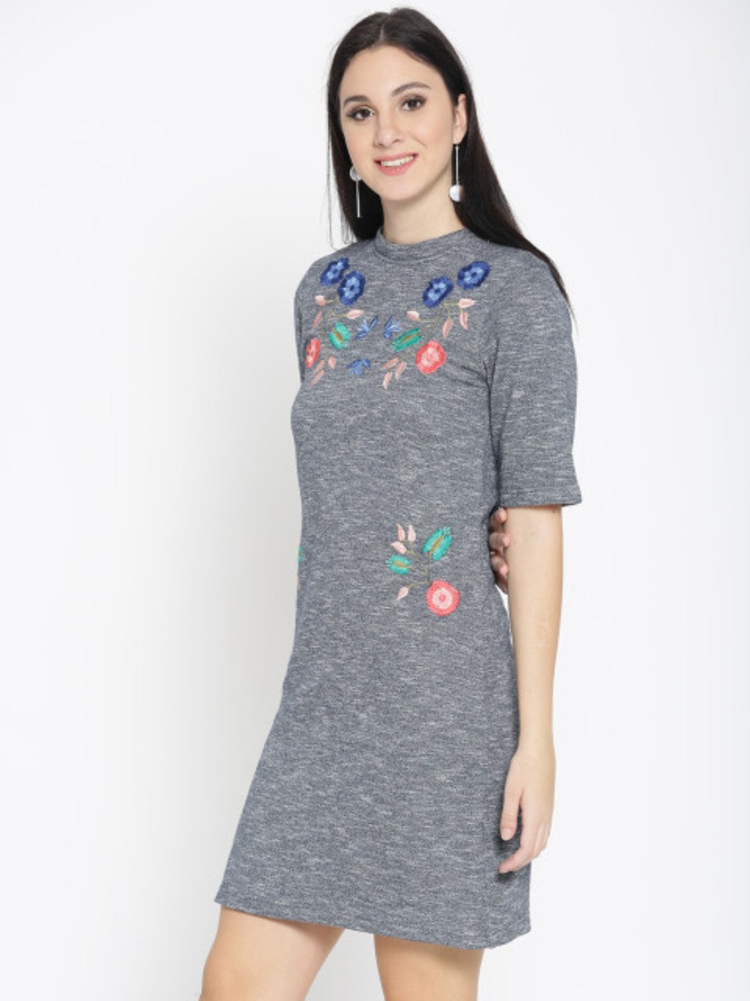 Women Grey Front Embroidered Dress