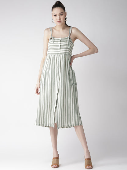 Green & White Striped A-Line Dress