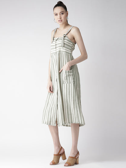 Green & White Striped A-Line Dress